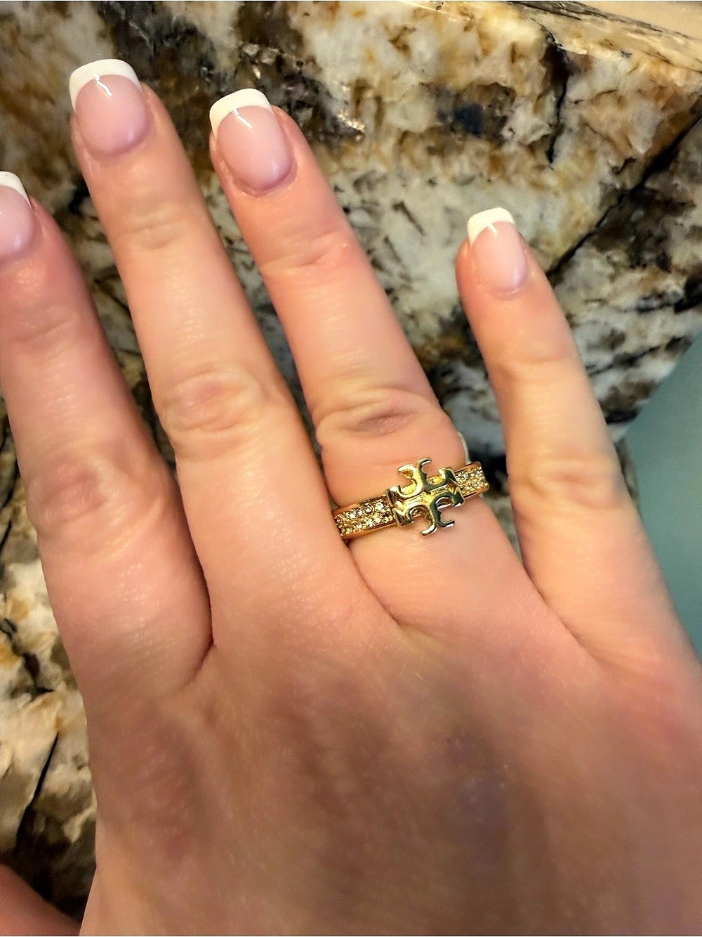 Tory Burch Miller Studded Double T Ring Pavé Double T Ring Gold Size 7